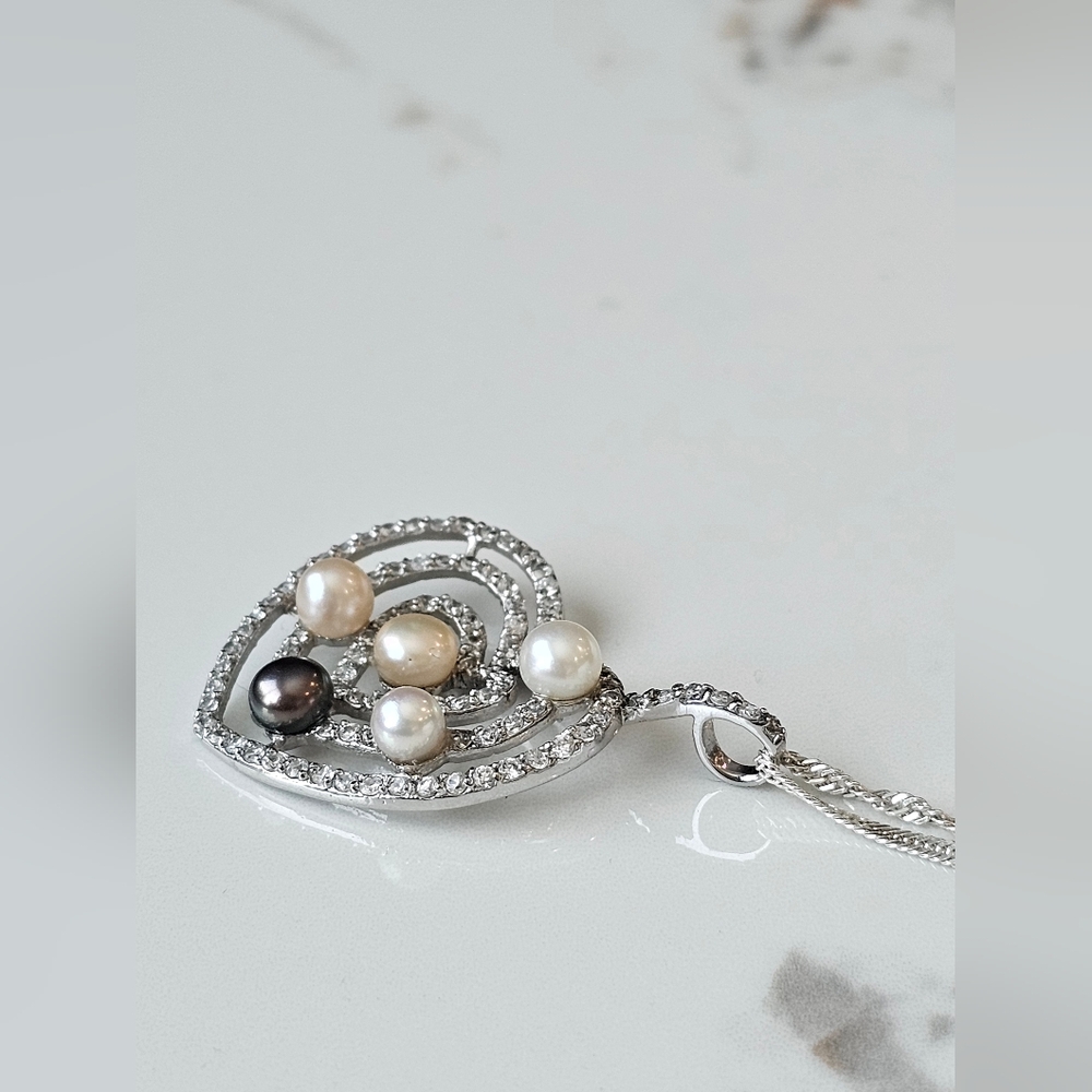 STERLING SILVER  Heart Pendant with REAL Pearls - Picture 7 of 11